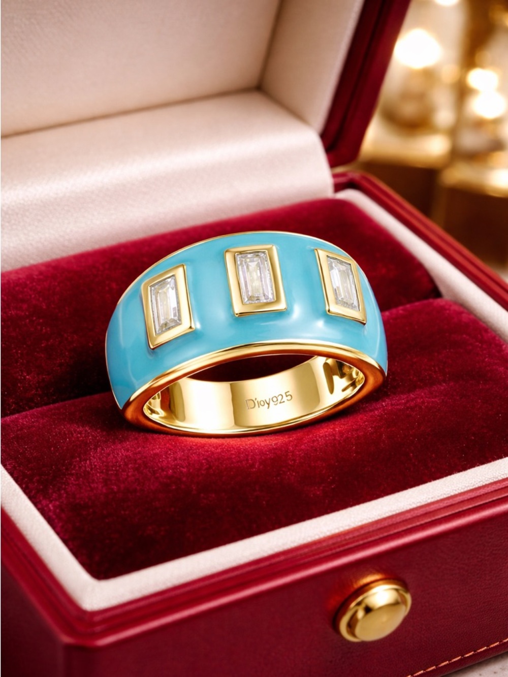 2,5 ctw Moissanite and blue French enamel 18k Gold over 925 Silver Vermeil ring